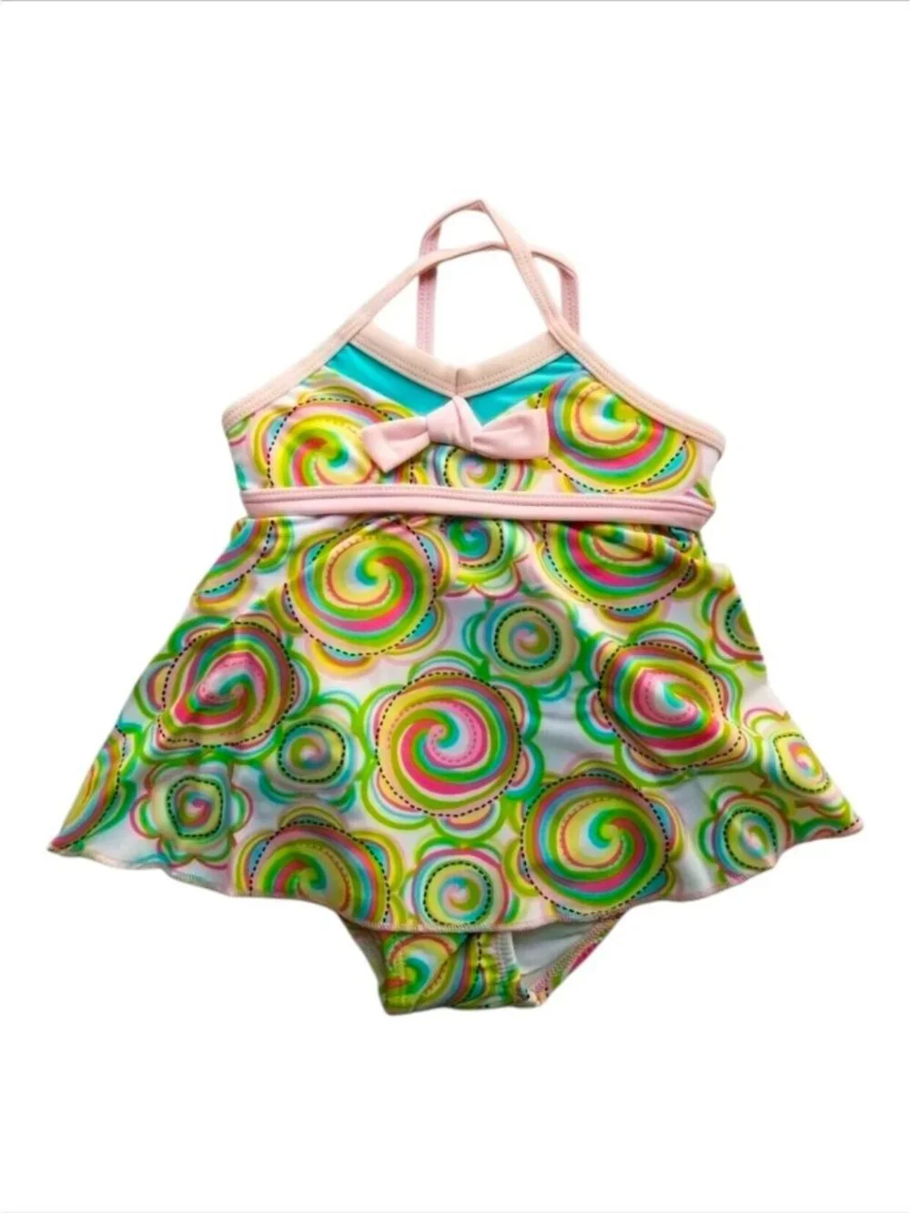 Baby Girls Swirl Patterned One-Piece Swimsuit With Bow Accent & Skirt Overlay